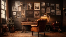 A Cozy Study Room With A Vintage Desk, A Leather Armchair, And A Gallery Wall Of Photo Frames. Generative AI