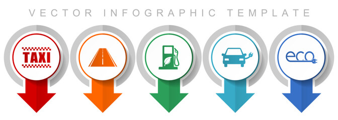 Poster - Renewables, transport icon set, miscellaneous pointer icons such as taxi, road, bio fuel, electric car and eco sign for webdesign and mobile applications, modern design infographic vector template