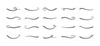 Swoosh line vector, underline swish, stroke swash swirl, curly hand drawn text calligraphic brush tail, black fireworks icon set isolated on white background. Doodle decorative illustration