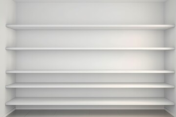  empty white shelves in a minimalist white room. Generative AI