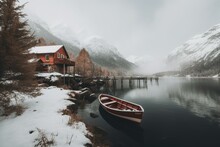 A Red House On A Dock In Snowy Mountain Lake With Snow Covered Mountains And A Red Boat In Water. Generative AI