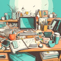illustration messy desk home working