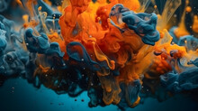 Blue And Orange Liquid Ink Churning Together Underwater.