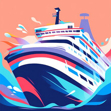 Colorful Cruise Ship Vector Illustration - Stylized Nautical Adventure In Red, Orange, And Blue, Fun And Leisure Vacation On The Ocean Waves