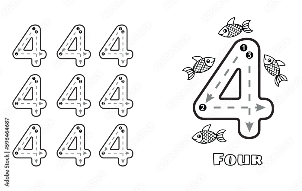 Number Four trace practice worksheet for prek kids and toddlers ...