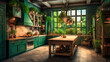 A green kitchens with wooden cabinets and potted trees