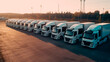 Fleet of company electric vehicles charging in the logistic hall center. Generative AI