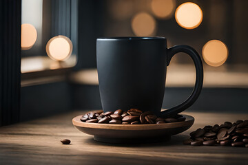 hot black coffee mug on wooden table  , cozy warm mood , black and brown tones 