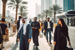 © VisualProduction - Business people walking in business district in Dubai. Big city modern lifestyle, working in busy district. Generative AI