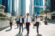 © VisualProduction - Business people walking in business district in Dubai. Big city modern lifestyle, working in busy district. Generative AI