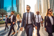 © VisualProduction - Business people walking in business district in Dubai. Big city modern lifestyle, working in busy district. Generative AI