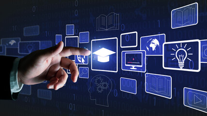 Fototapete - Concept of Online education. man use Online education training and e-learning webinar on internet for personal development and professional qualifications. Digital courses to develop new skills.