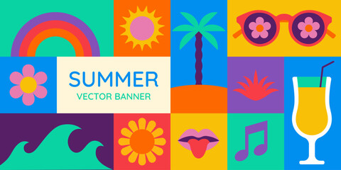 Poster - Vector simple flat illustrations and icons, geometric summer pattern and banner, vacation and tropical travel, flowers and plants simple shapes, festival and sale posters