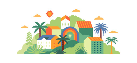 Poster - Vector simple flat illustration, summer vacation, tropical hotel,  geometric summer pattern and banner, sun travel, landscape with island scenery with houses and palm trees