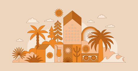 Poster - Vector simple flat illustration, summer vacation, tropical hotel,  geometric summer pattern and banner, sun travel, landscape with island scenery with houses and palm trees