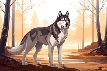 Sticker - majestic wolf standing in the heart of a lush forest. Generative AI