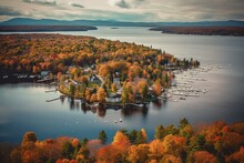 Fall View Of Meredith Bay On Lake Winnipesaukee In Historic Town Of Meredith, NH, USA. Generative AI