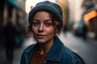 © wetzkaz - young girl teenager outside in front of a restaurant or bar wearing a woolen hat and a winter jacket, happy and content. Generative AI