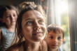 © wetzkaz - young mother at home with her children, enjoying the time and having joy and fun, little kid boy and daughter girl, at home by the window. Generative AI