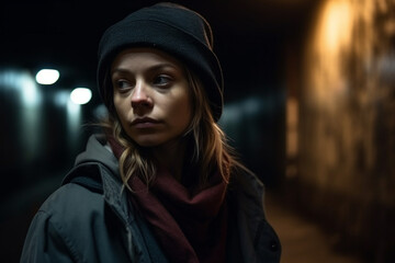 young adult woman in the dark in a creepy underpass wearing a jacket and hood, negative mood , desolate facial expression. Generative AI