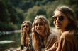 © wetzkaz - young adult woman or teenager with friends by a river or lake in the mountains with his friends in summer in sunshine. Generative AI