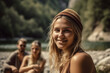 © wetzkaz - young adult woman or teenager with friends by a river or lake in the mountains with his friends in summer in sunshine. Generative AI
