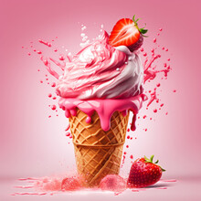 Soft Strawberry Ice Cream Cone With Swirl Splash. Promo Poster With Realistic Icecream In Waffle Cup With Berries And Pink Splashing Sauce.  Dairy Frozen Summer Dessert, Generative Ai