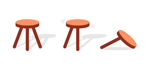 Wall Mural - Three legged stool stable wobbly and broken icon set. Clipart image isolated on white background