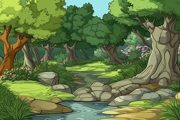 Wall Mural - serene river flowing through a vibrant green forest. Generative AI