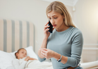 Poster - Mothers are the best doctors. Shot of a young mother on the phone while taking care of her sick daughter at home.