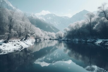 Wall Mural - serene lake with snow-capped mountains and trees in the background. generative ai