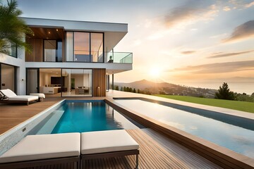 Wall Mural - 3d rendering of modern house by the river at evening