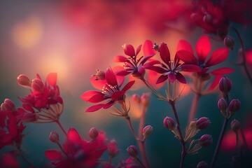 Wall Mural - Defocused red blossoms against a blurry red backdrop. Generative AI