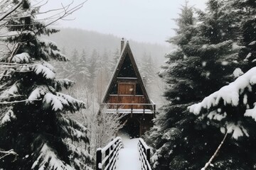 Canvas Print - cozy cabin nestled in a winter wonderland forest. Generative AI