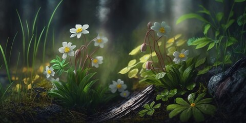 Wall Mural - Nature landscape with little, gorgeous flowers in the forest Generative AI