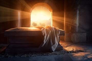 Wall Mural - Tomb Empty With Shroud And Crucifixion At Sunrise. Resurrection Of Jesus Christ. AI generated, human enhanced