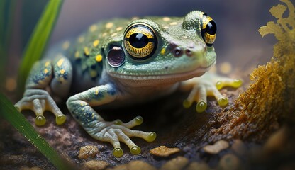 Poster - A green frog with a large golden eye in the summertime wilderness. Generative AI