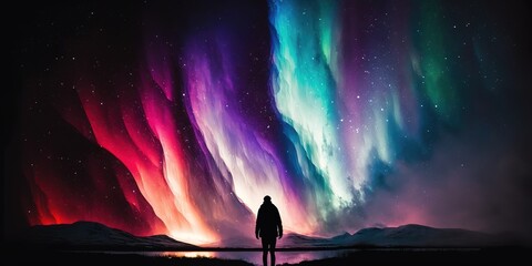 Wall Mural - An individual's silhouette against the Northern Lights. Generative AI