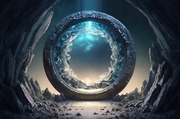 Wall Mural - A raster artwork of a teleportation gateway in a dimly lit stone circle with a meditating sage and a crystal mineral. water and soil, the elements Generative AI