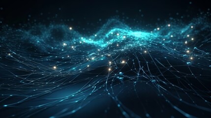 Poster - Digital dynamic cyber wave. Abstract futuristic blue background with dots and lines. Big date. Generative ai