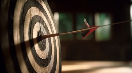 Leinwandbilder - Bullseye target or dart board has red dart arrow throw hitting the center of a shooting for business targeting and winning goals business concepts. Generative ai