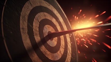 Leinwandbilder - Bullseye target or dart board has red dart arrow throw hitting the center of a shooting for business targeting and winning goals business concepts. Generative ai