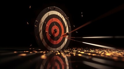 Leinwandbilder - Bullseye target or dart board has red dart arrow throw hitting the center of a shooting for business targeting and winning goals business concepts. Generative ai