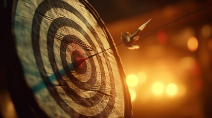 Leinwandbilder - Bullseye target or dart board has red dart arrow throw hitting the center of a shooting for business targeting and winning goals business concepts. Generative ai