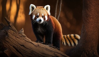 Wall Mural - Red panda during the sunlight, perched on a brown tree trunk. Generative AI