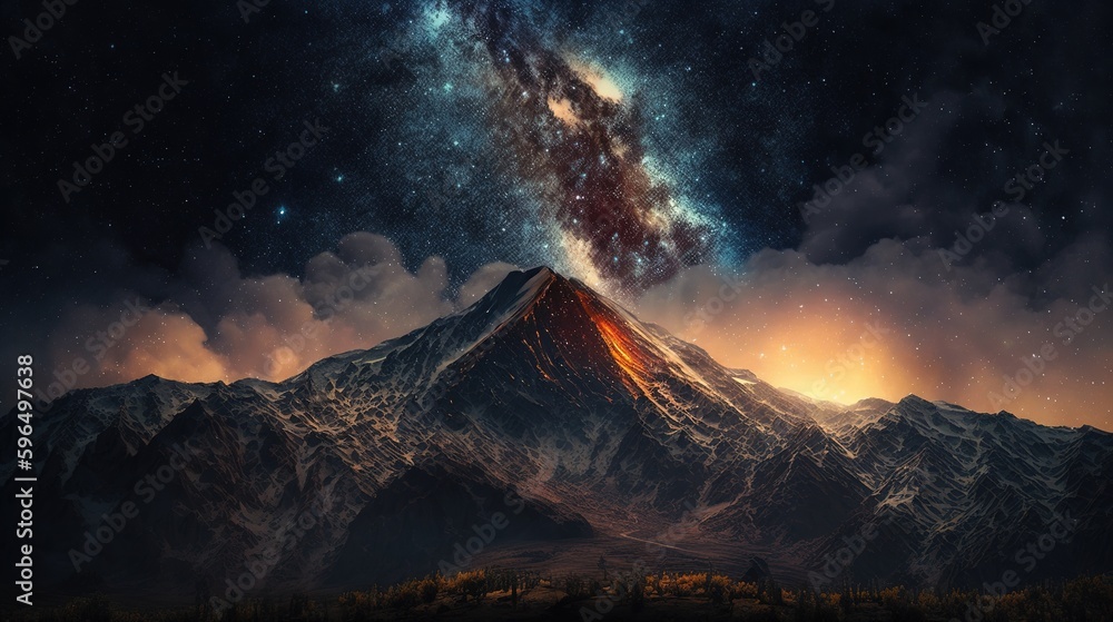 Starry night sky with the Milky Way galaxy passing across a mountain ...