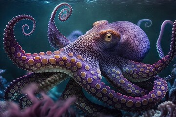 Poster - Common octopus, purple in color, with coiled tentacles and another octopus in the background. Generative AI