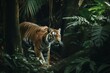 A wild Malaysian tiger stalking its prey in the jungle. Generative AI