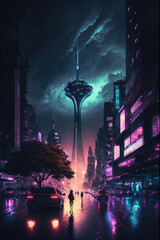 Wall Mural - Cyberpunk neon city at night, futuristic buildings and TV tower in rain, generative AI.