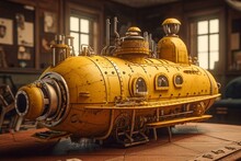 Isolated 3D Illustration Of A Steampunk-inspired Yellow Submarine. Generative AI